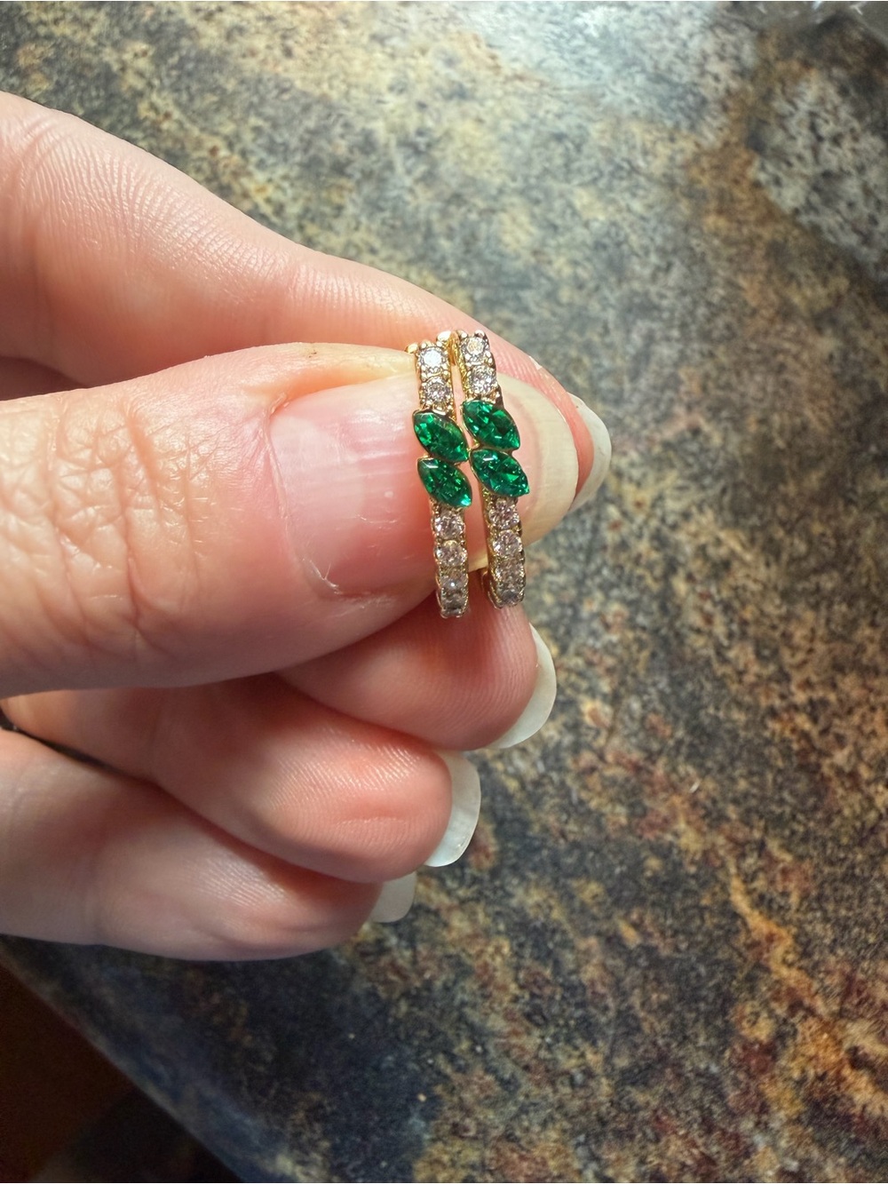 Gold-Tone Hoop Earrings with Green Marquise Stones and Clear Crystals